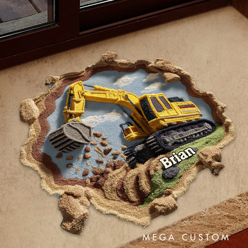 Personalized Awesome Construction Vehicle Theme Custom Name Realistic Worksite Design Carpet Rug for Kids