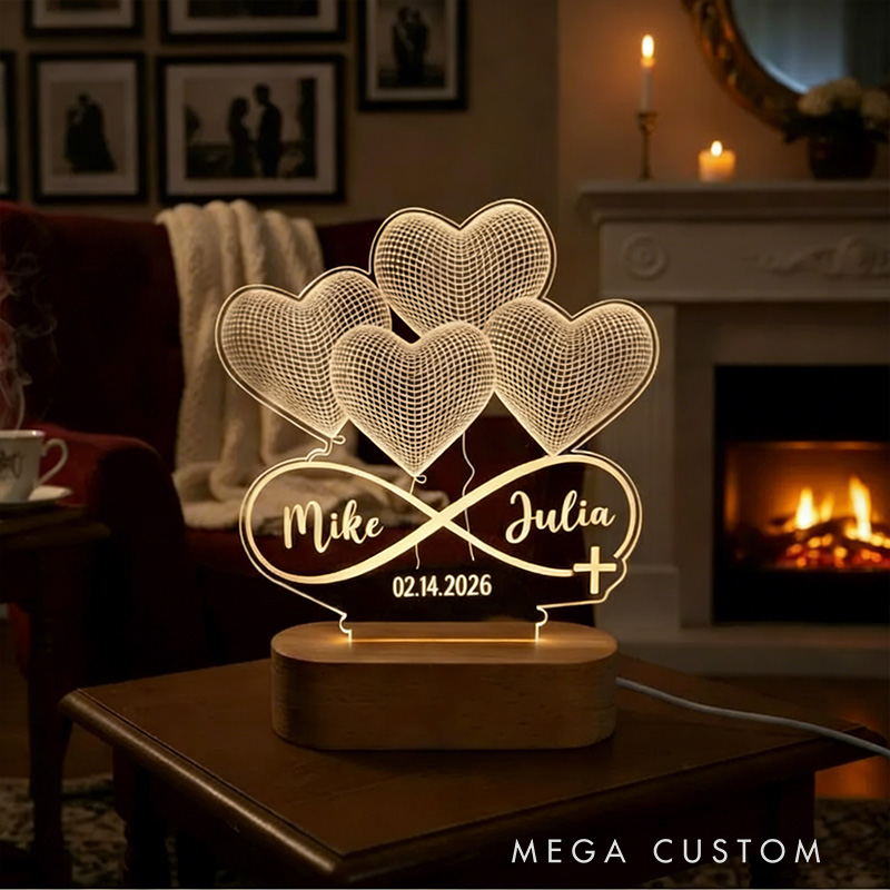 Personalized Infinity Heart Cross 3D Illusion LED Lamp with Wooden Base with Custom Names and Date Valentines Gift for Couple Anniversary Gift