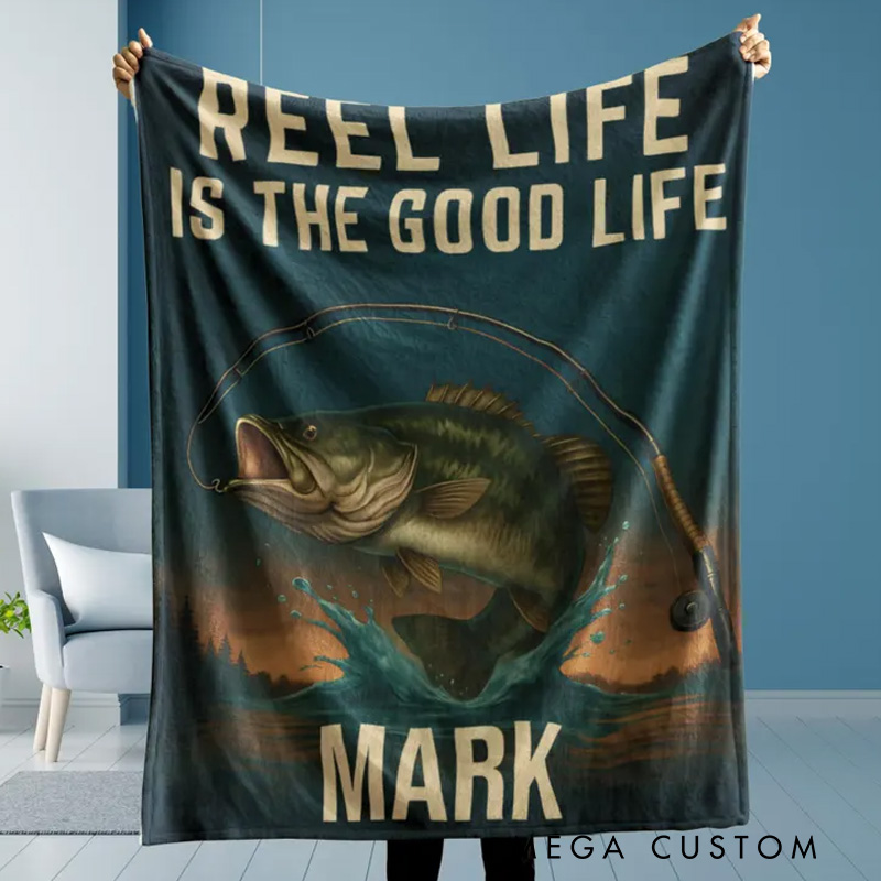 Personalized Fishing Blanket Reel Life Is the Good Life Custom Name Blanket for Dad Fisherman Gift Bass Fish Throw Lake Cabin Decor