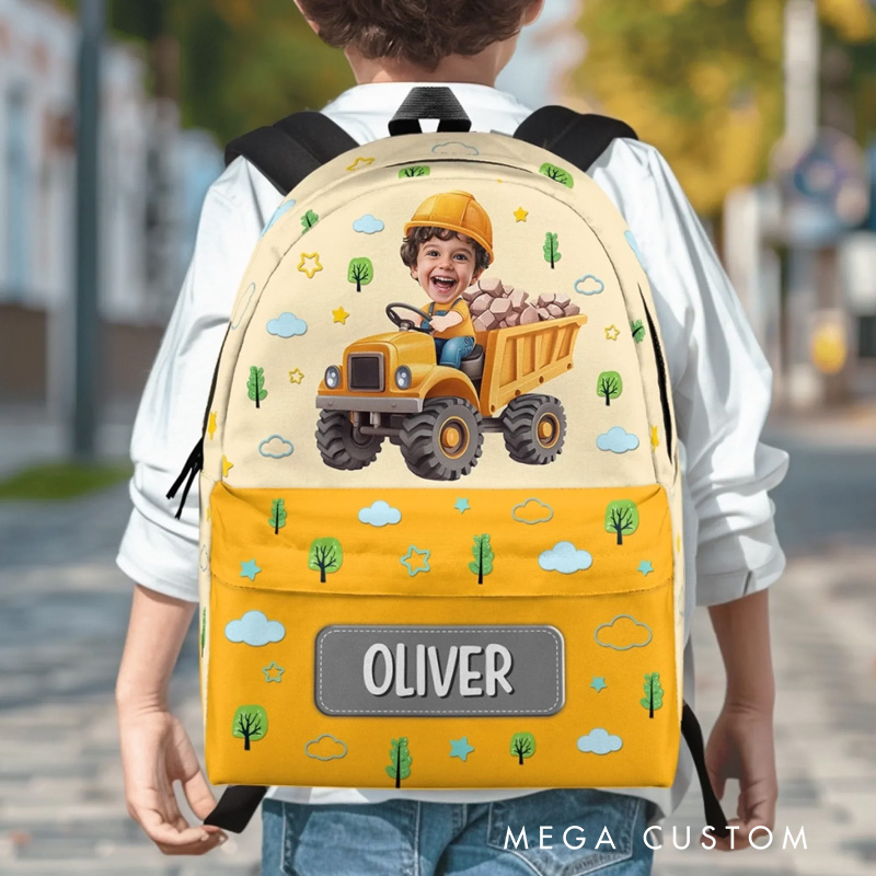Personalized Cute Construction Theme Custom Name Photo Face Yellow Dump Truck Pattern Kids Backpack