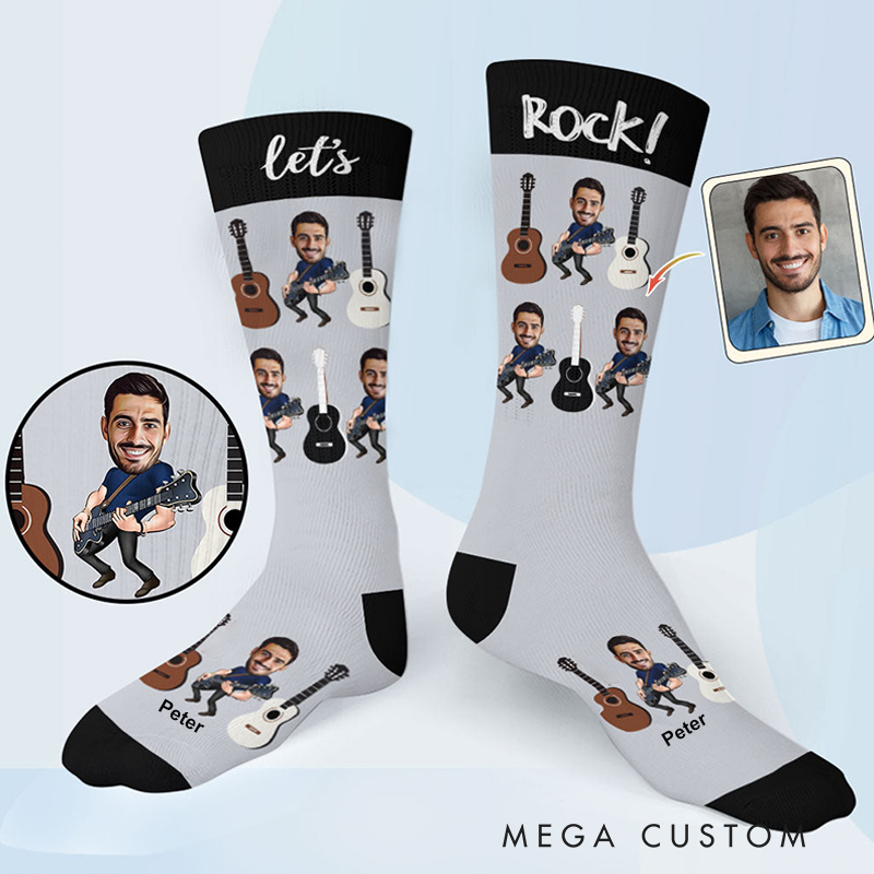 Personalized Photo Mucis Socks with Custom Name Design Gift for Music and Rock Lovers