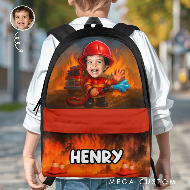 Personalized Unique Kid Fireman Theme Custom Name Red Flame Background Rescue Truck Design Backpack