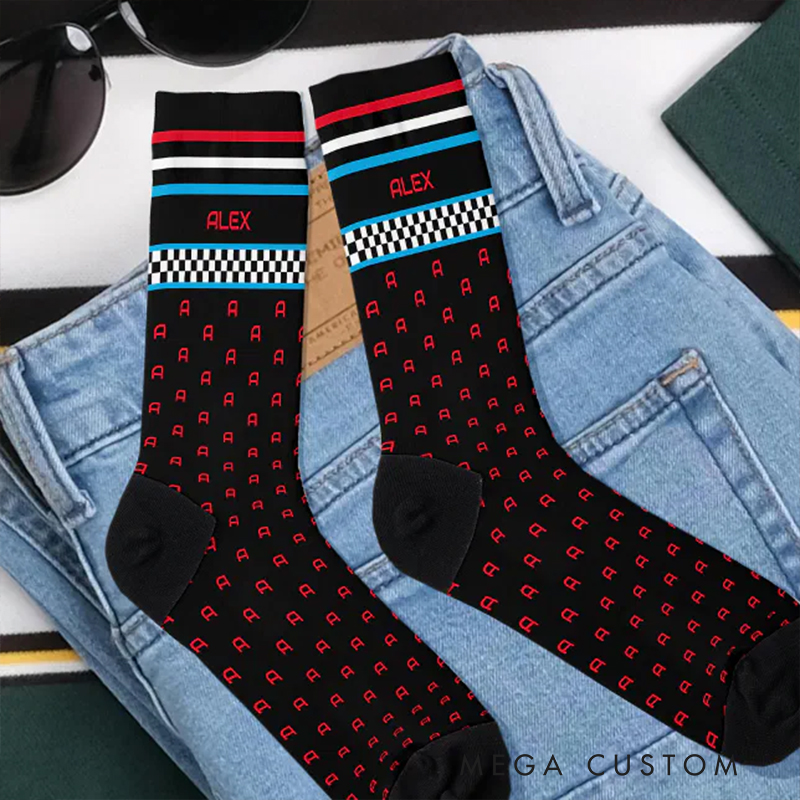 Personalized Checkered Flag Custom Name Socks Personalized Monogram Racing Style Blue and Red Pattern Socks Gift for Car Lovers