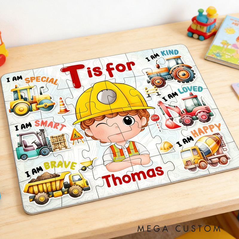Personalized Fun Construction Theme Custom Name Photo Face Alphabet Learning Truck Pattern Puzzle