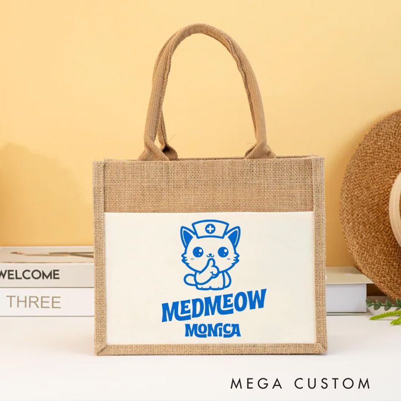 Personalised Nurse Burlap Tote Bag MedMeow Nurse Cat Design Perfect Gift for Yourself or a Loved One