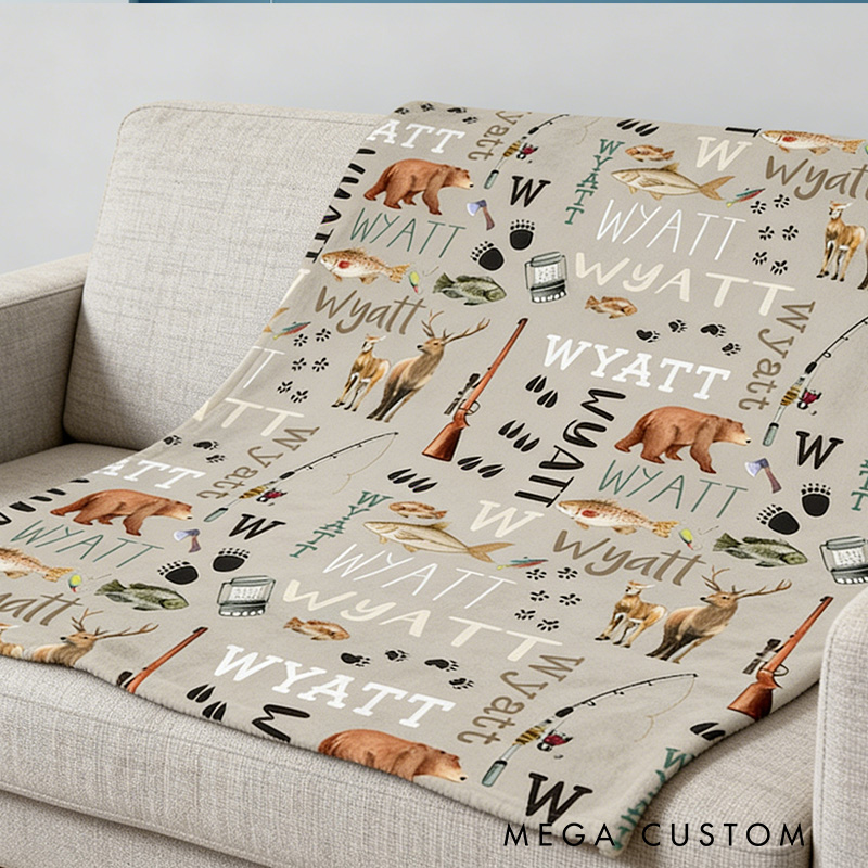 Personalized Hunting Fishing Blanket Custom Hunting Blanket Name Blanket Outdoors Bear Deer Blanket Gift for Kid