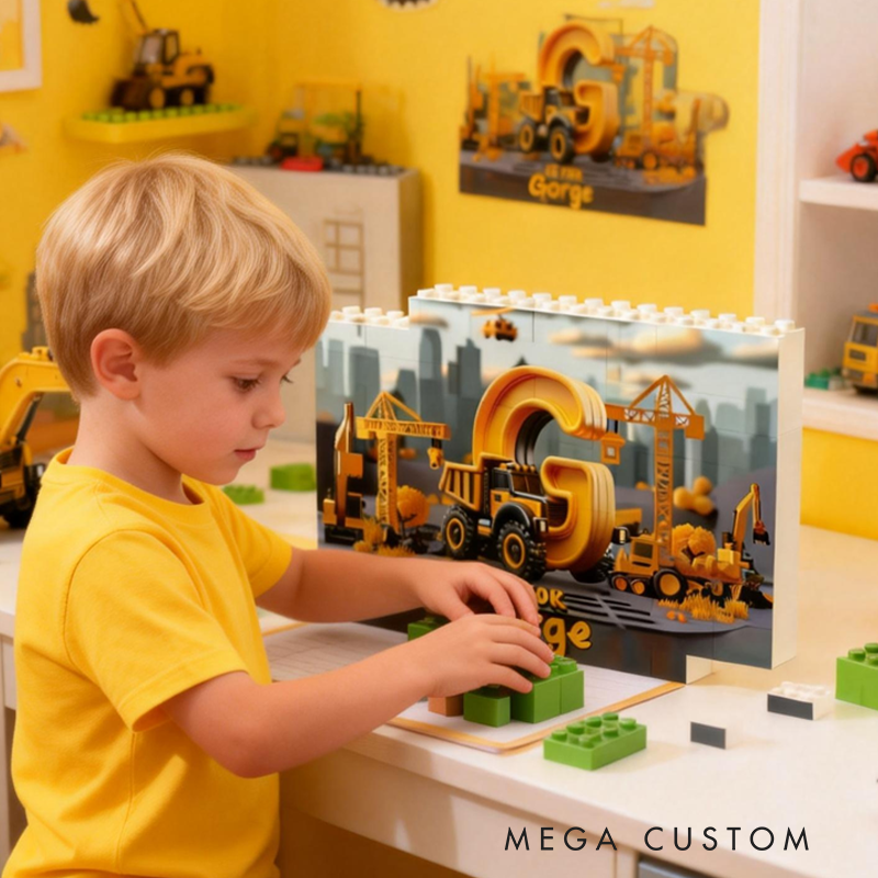 Personalized Construction Vehicles Letters Kid Double Sided Horizontal Rectangle Building Brick Blocks