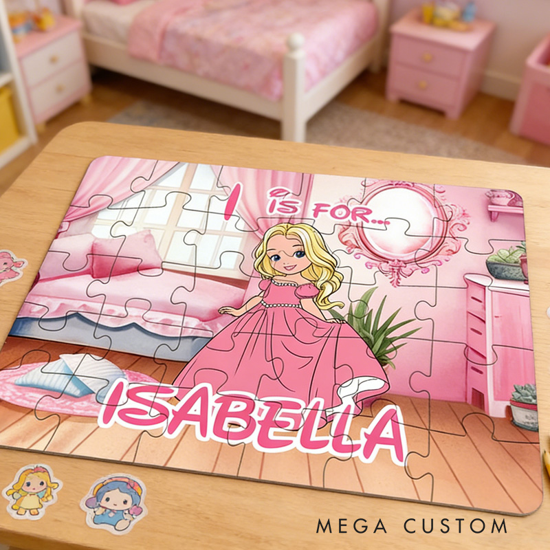 Personalized Beautiful Princess Theme Custom Name Pink Dress Castle Room Background Design Puzzle