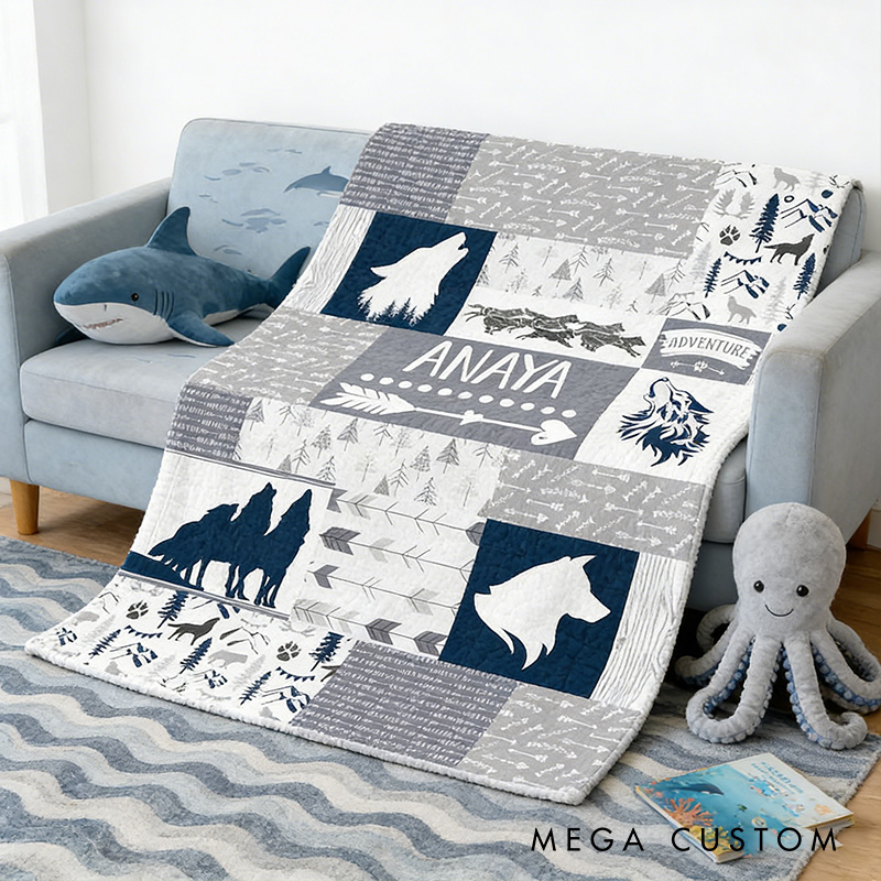 Personalized Kid Blanket with Name Custom Woodland Wolf Blanket Adventure Outdoors Gift for Kid