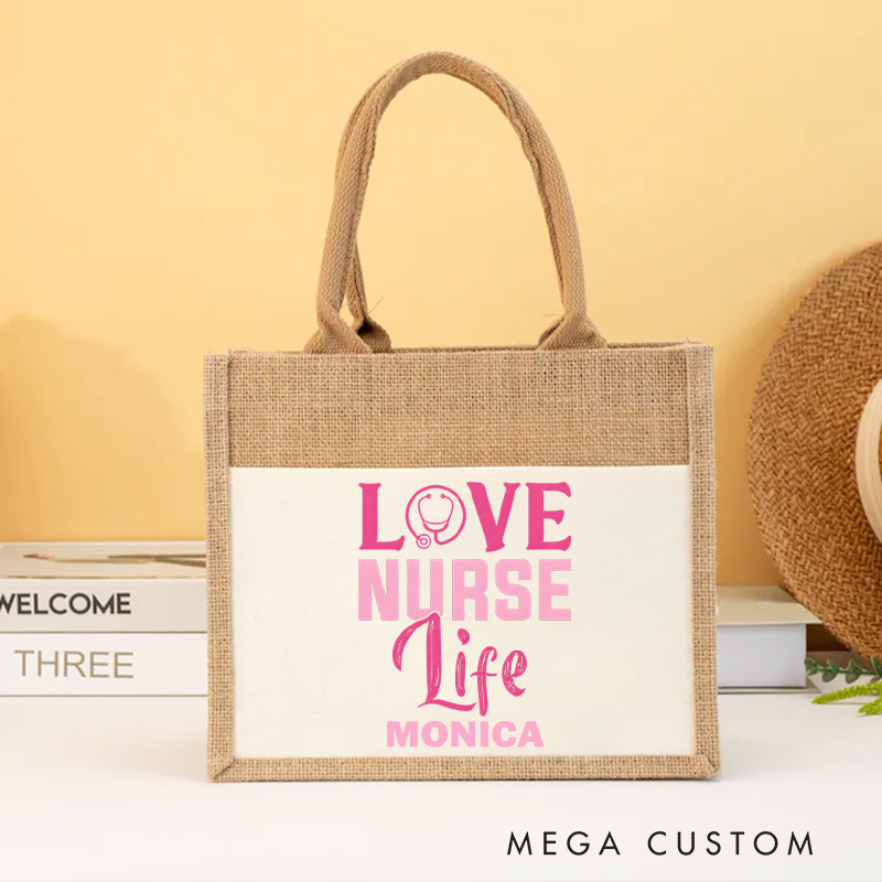 Personalised Nurse Burlap Tote Bag Love Nurse Life Design Perfect Gift for Yourself or a Loved One