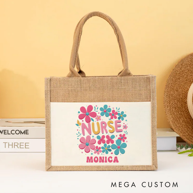 Personalised Nurse Burlap Tote Bag Floral Nurse Tribute Design Perfect Gift for Yourself or a Loved One