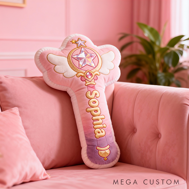 Personalized Pink Magical Wand Moon Shape Custom Name Soft Decorative Gift Fantasy Princess Style Cozy Girls Room DreamyGraphic 3D Print Pillow