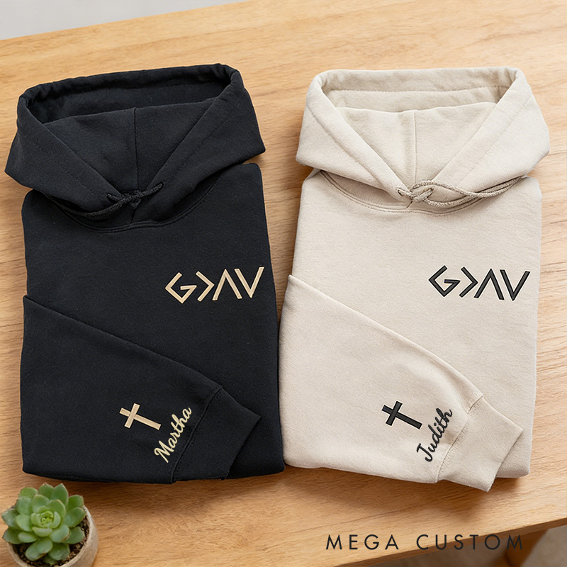 Personalized God is Greater than the Highs and Low Embroidered Hoodies with Custom Name Cross on Sleeve Couple Matching Sweatshirt Valentine Day Gift
