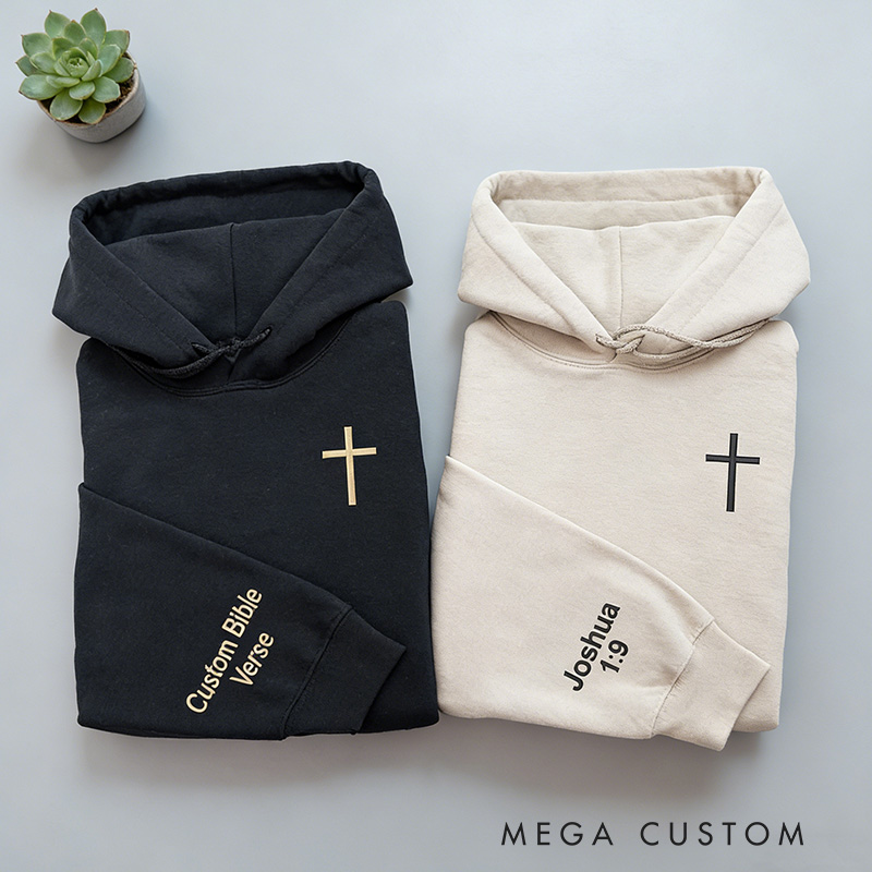 Personalized Cross Embroidered Hoodies with Custom Bible Verse On the Sleeve Couple Matching Sweatshirt Valentine Day Gift Couples Gift