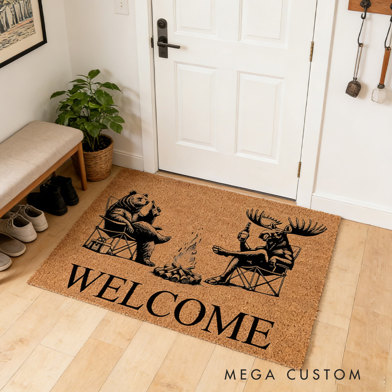 Personalized Welcome Bear & Moose Camp Fire Camping Cabin Funny Coir Doormat Door Mat Newlywed Wedding Gift New Home