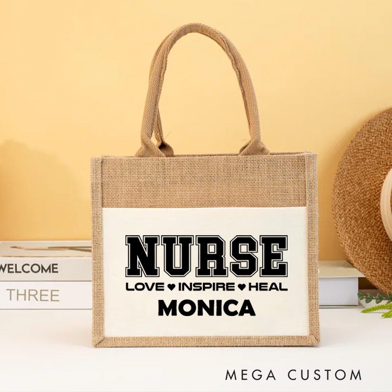 Personalised Nurse Burlap Tote Bag Nurse Love Inspire Heal Design Perfect Gift for Yourself or a Loved One
