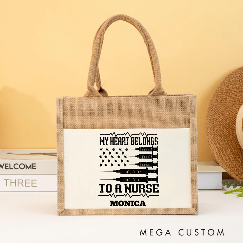Personalised Nurse Burlap Tote Bag My Heart Belongs to a Nurse Design Perfect Gift for Yourself or a Loved One