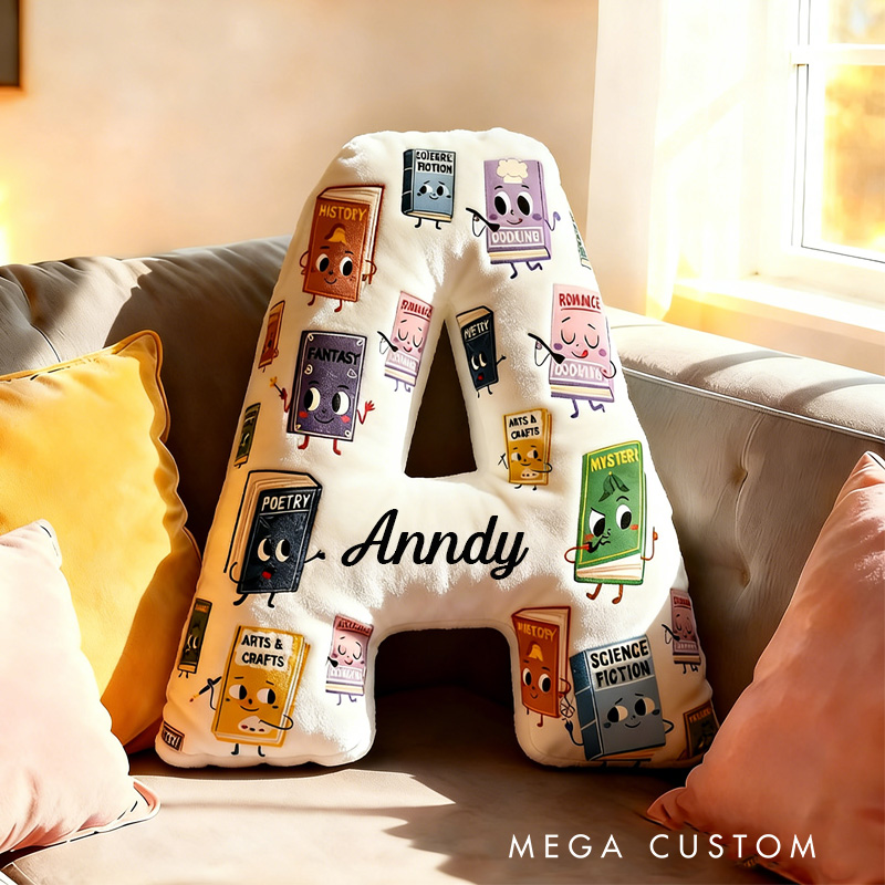 Personalized Book Genres Alphabet Throw Pillow Graphic 3D Cozy Bookish Pillow with Name for Kids Bookworm Librarian Christmas Throw Pillow Bookish Gift