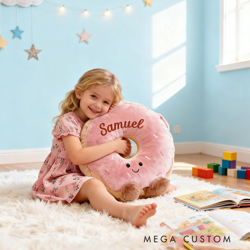 Personalized Sitting Donut Throw Pillow Graphic 3D Print Pink Donut Pillow with Name for Kids Boys Girls Baker Gift 