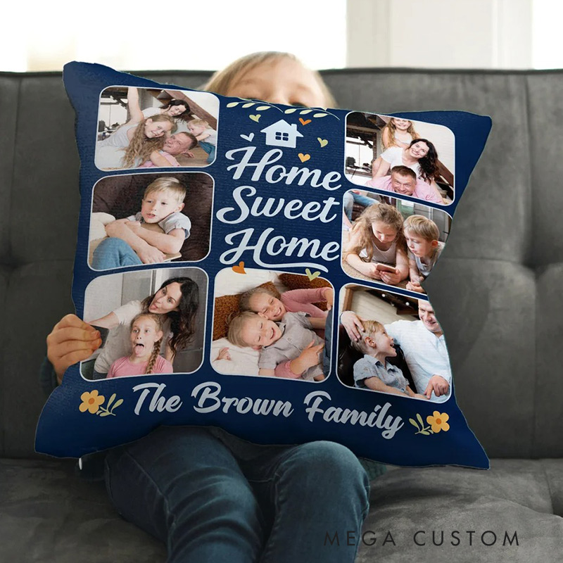 Personalized Home Sweet Home 7 Photos Soft Throw Pillow Cover with Text Home Decor Housewarming Gift for Family