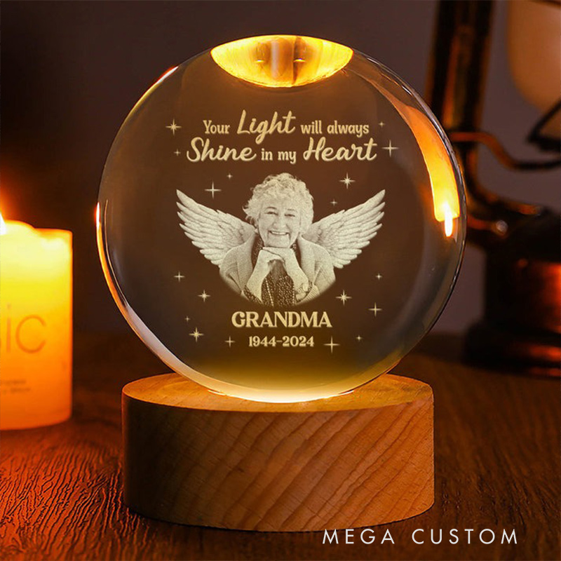 Personalized Wooden Base Crystal Lamp Your Light Will Always Shine In My Heart Memorial Crystal Ball Lamp Sympathy Gift