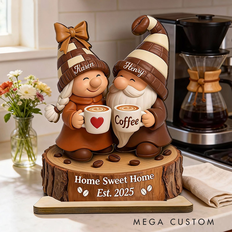 Personalized Home Sweet Home Coffee Gnome Couple Plaque Custom Standing Wooden Plaque Housewarming Gift Valentine's Day Gift