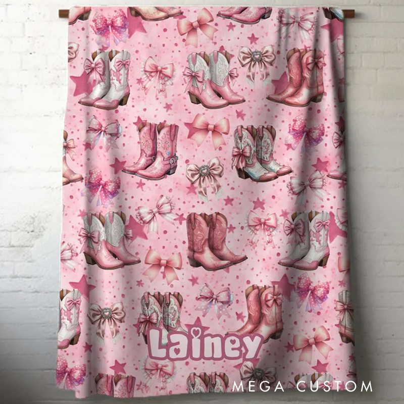 Personalized Pink Coquette Cowgirl Blanket Boots & Bows Pastel Western Custom Name Gift
