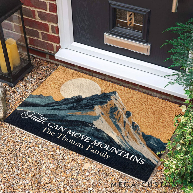 Personalized Faith can Move Mountains Doormat with Custom Family Name Non-Slip Durable Front Door Decor Religious Gift for Faithful Family