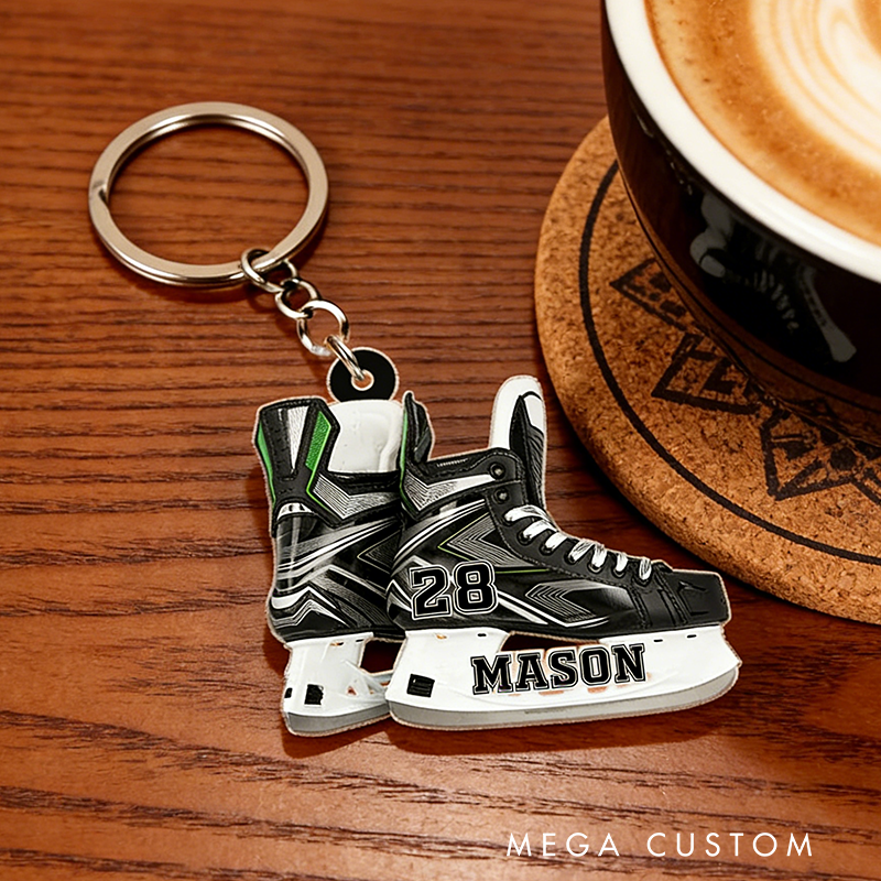 Personalized Ice Hockey Skate Keychain with Custom Name and Number Design