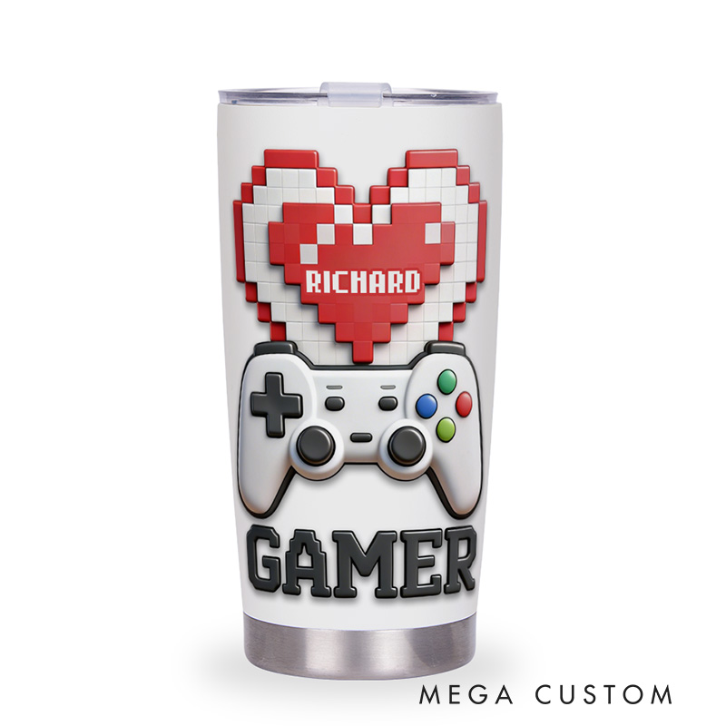 Personalized 2D Flat Pixel Heart 20oz Tumbler Gamer Stainless Steel Tumbler Player Controller Video Game Tumbler Gamer Gift