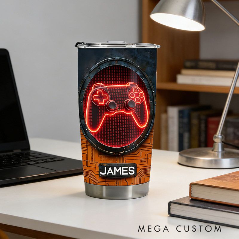 Personalized 2D Flat Red Cyber Gamer 20oz Tumbler Gamer Stainless Steel Tumbler Player Controller Video Game Tumbler Gamer Gift