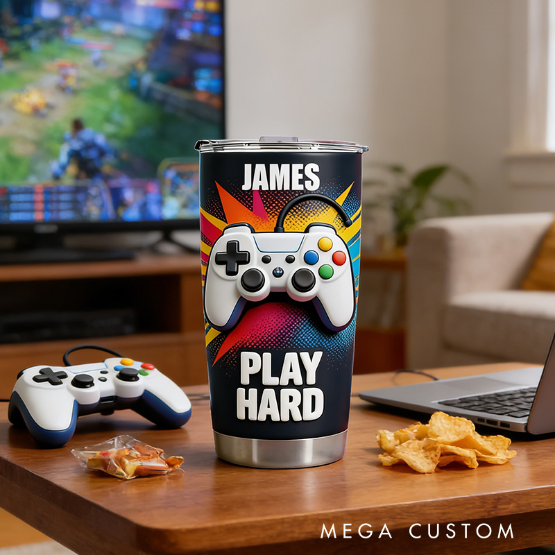 Personalized 2D Flat Comic Style Play Hard 20oz Tumbler Gamer Stainless Steel Tumbler Player Controller Video Game Tumbler Gamer Gift