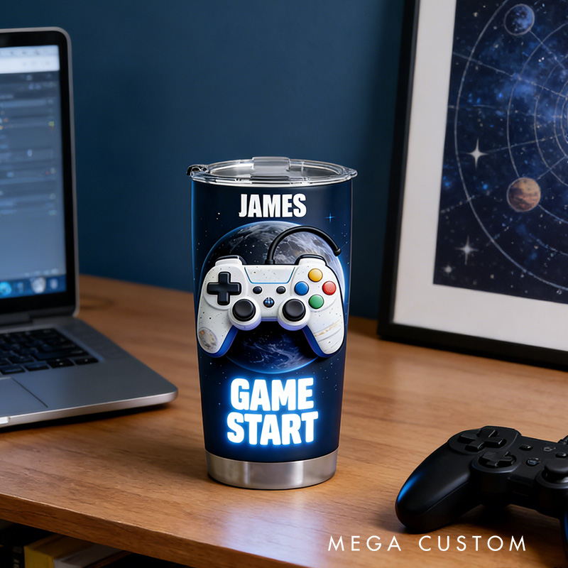 Personalized 2D Flat to the Moon Game Start 20oz Tumbler Gamer Stainless Steel Tumbler Player Controller Video Game Tumbler Gamer Gift