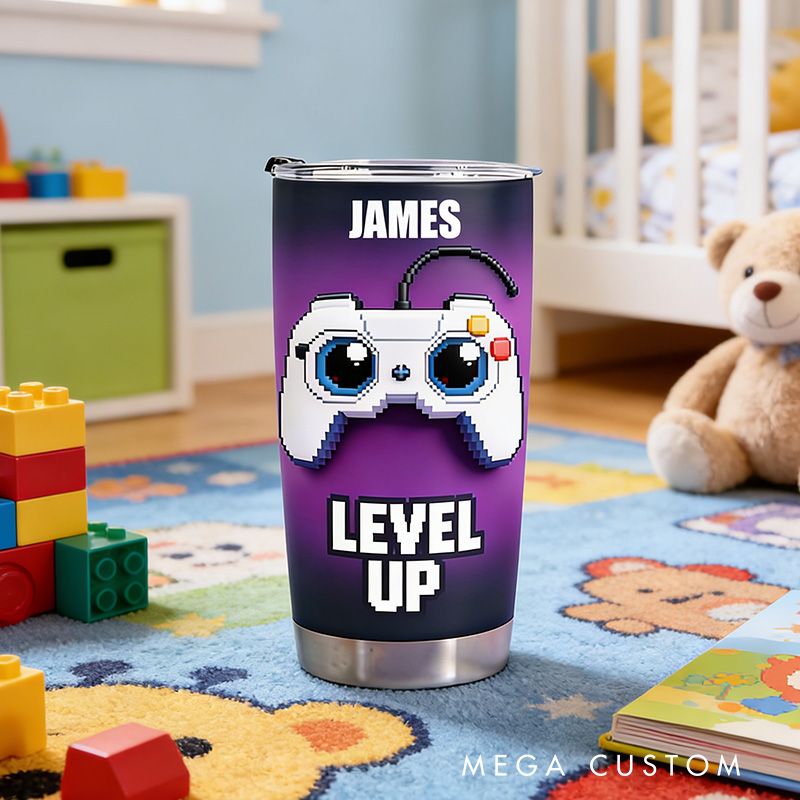 Personalized 2D Flat Pixel Level Up 20oz Tumbler Gamer Stainless Steel Tumbler Player Controller Video Game Tumbler Gamer Gift
