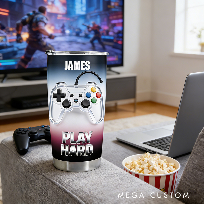 Personalized 2D Flat Fashion Play Hard 20oz Tumbler Gamer Stainless Steel Tumbler Player Controller Video Game Tumbler Gamer Gift
