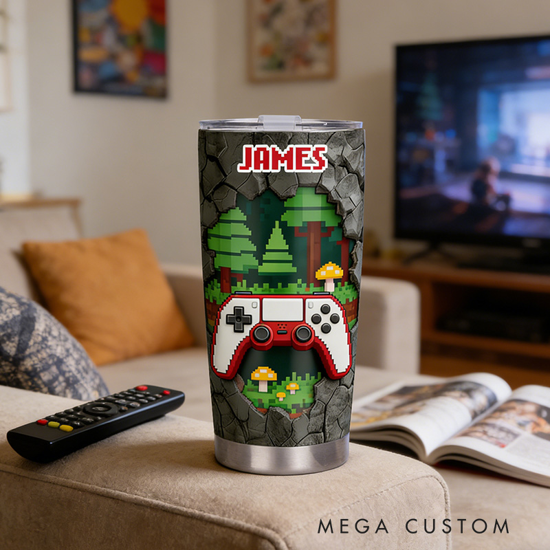 Personalized 2D Flat Pixel Forest 20oz Tumbler Gamer Stainless Steel Tumbler Player Controller Video Game Tumbler Gamer Gift