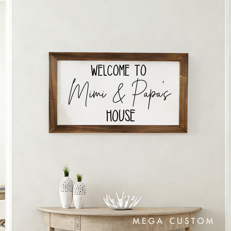 Personalized Welcome to Mimi and Papa's House Wooden Wall Art Custom Family Sign Rustic Farmhouse Style Decoration for Grandparents Home Gift