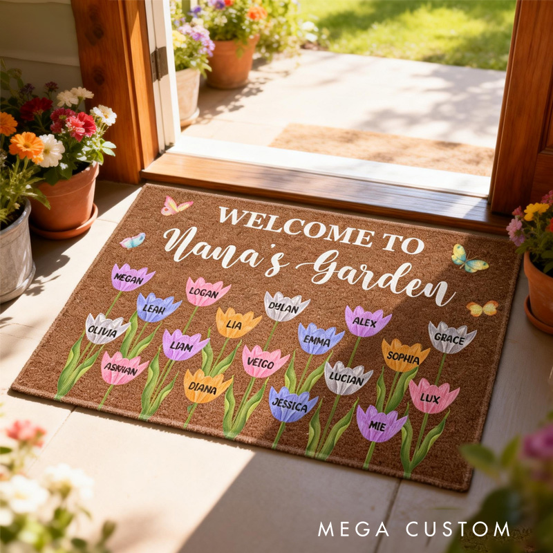 Personalized Welcome to Nana's House Doormat Custom Tulip Welcome Mat with Name for Gardening Lover Family Grandma