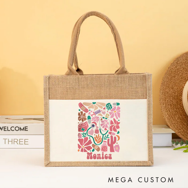 Personalised Nurse Burlap Tote Bags Healthcare in Bloom Design Perfect Gift for Yourself or a Loved One