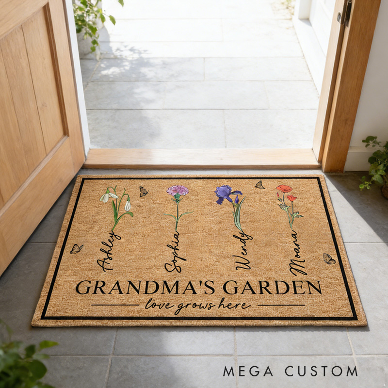 Personalized Grandma's Garden Doormat Custom Birth Flower Welcome Mat with Name for Mom Grandma Gardening Lover Family Grandma