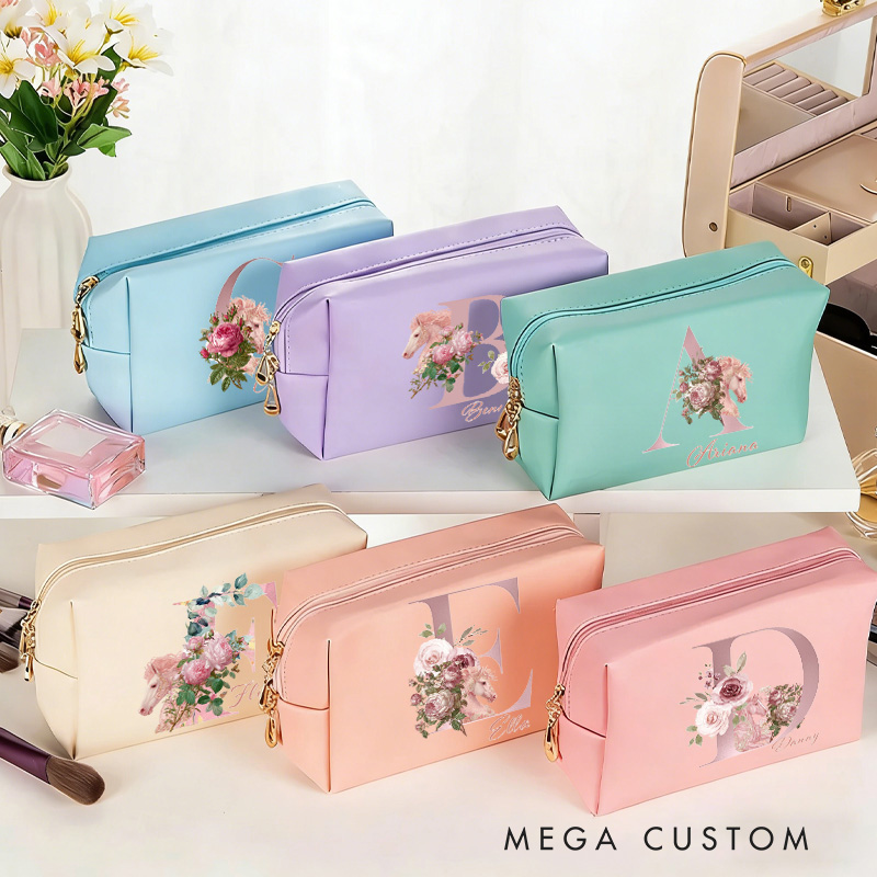 Personalized Initials Horse Makeup Tool Organizer Toiletry Bag Custom Name for Kids Travel Gifts and Daily Use Weekender Back To School Gift for Girls Riding Lovers Equestrian Lovers