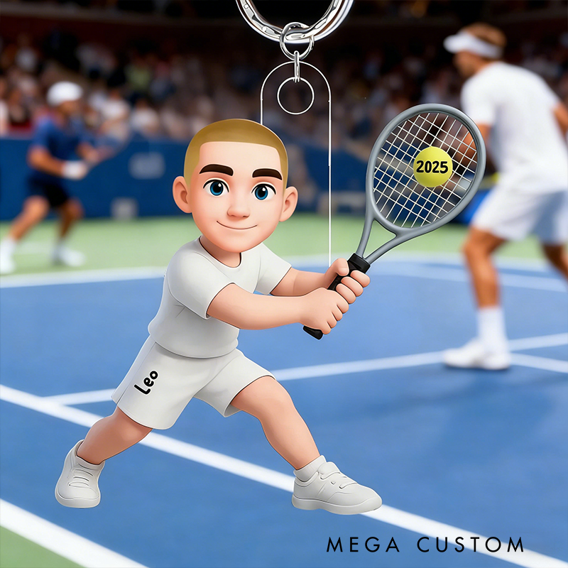 Personalized Tennis Player Keychain with Custom Name and Year Design