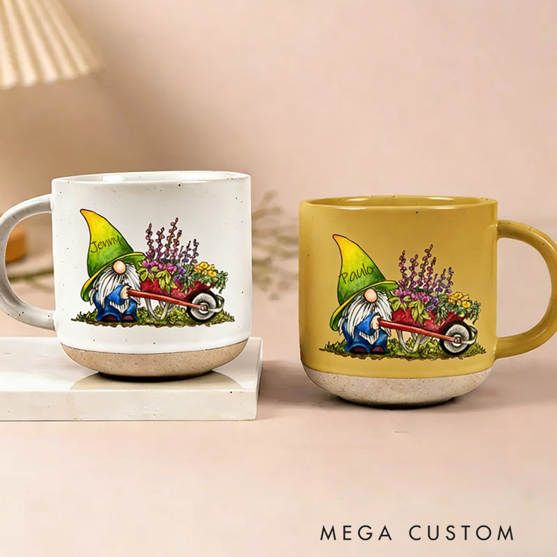 Personalized Gnome Garden Delight Ceramic Mug Custom Pottery Mug with Name Gift for Gardening Lovers