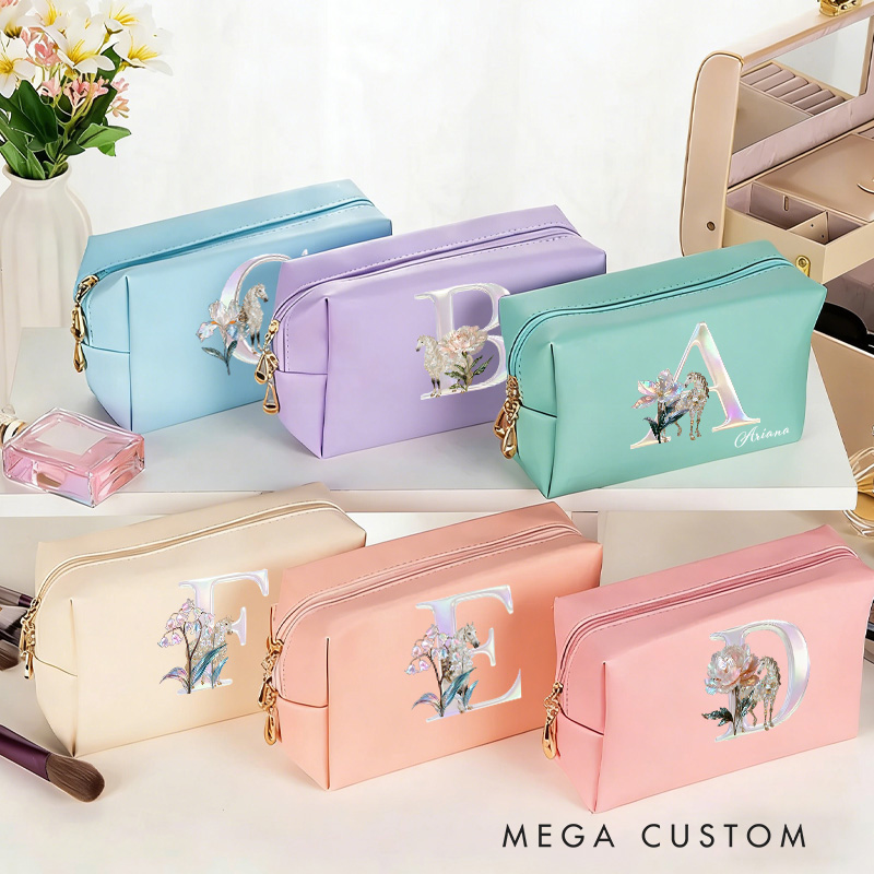 Personalized Initials Horse Makeup Tool Organizer Toiletry Bag Custom Name for Kids Travel Gifts and Daily Use Weekender Back To School Gift for Girls Riding Lovers Equestrian Lovers