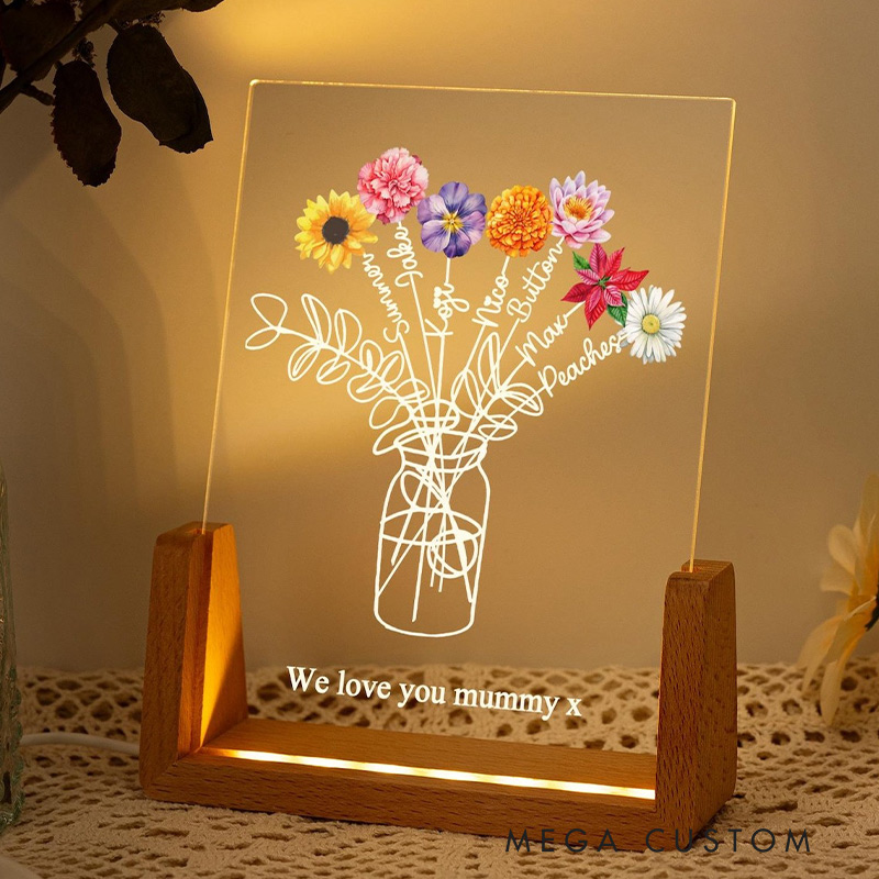 Personalized Family Bouquet Night Light Mothers Day Gift Mum's Bunch with Kids Name Birth Flower Lamp Gift for Mom 