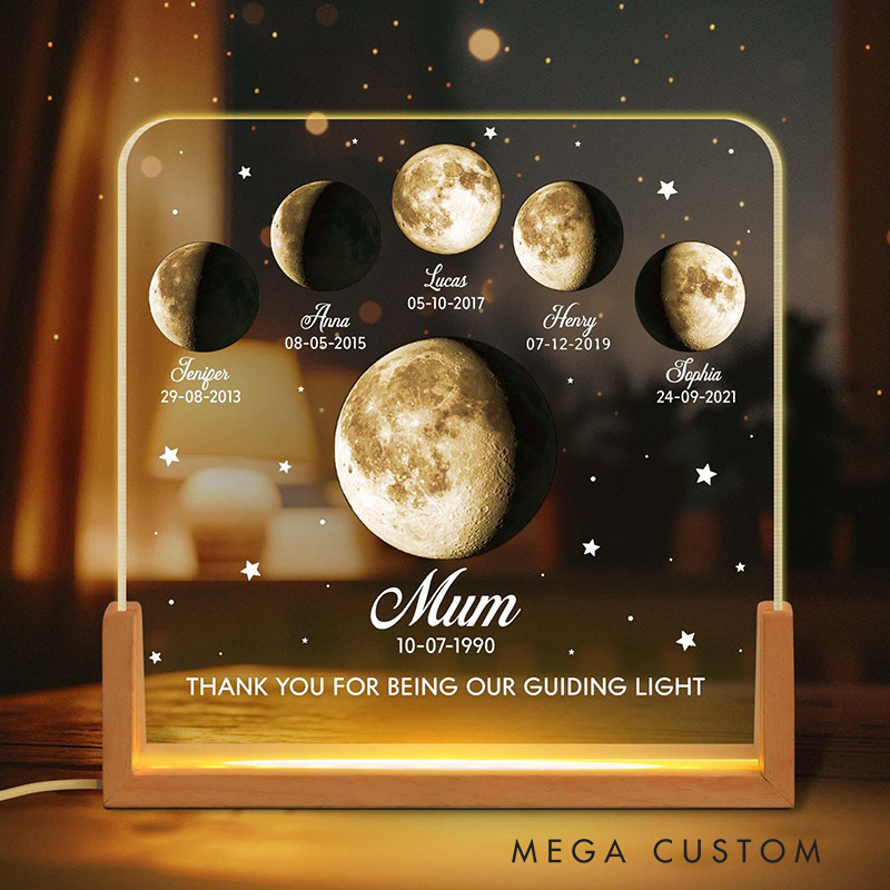 Personalized Moons Phase with Kids Names Custom Moons Phase LED Night Light Mother’s Day Gifts Gift for Mama