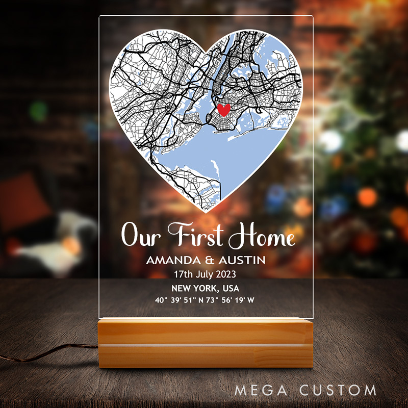 Personalized First Home Heart Map Plaque Custom LED Night Light for Couples Valentine’s Day Gift Housewarming Gift