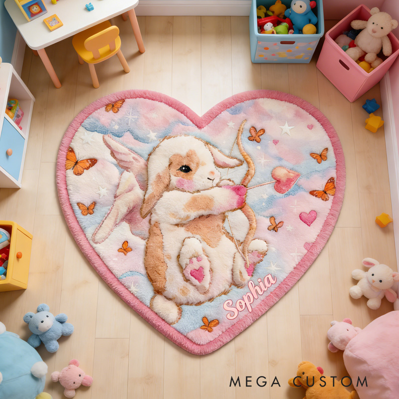 Personalized Bunny Angel Theme Custom Name Heart Shape Cute Pink Cloud Style Carpet Rug for Kids