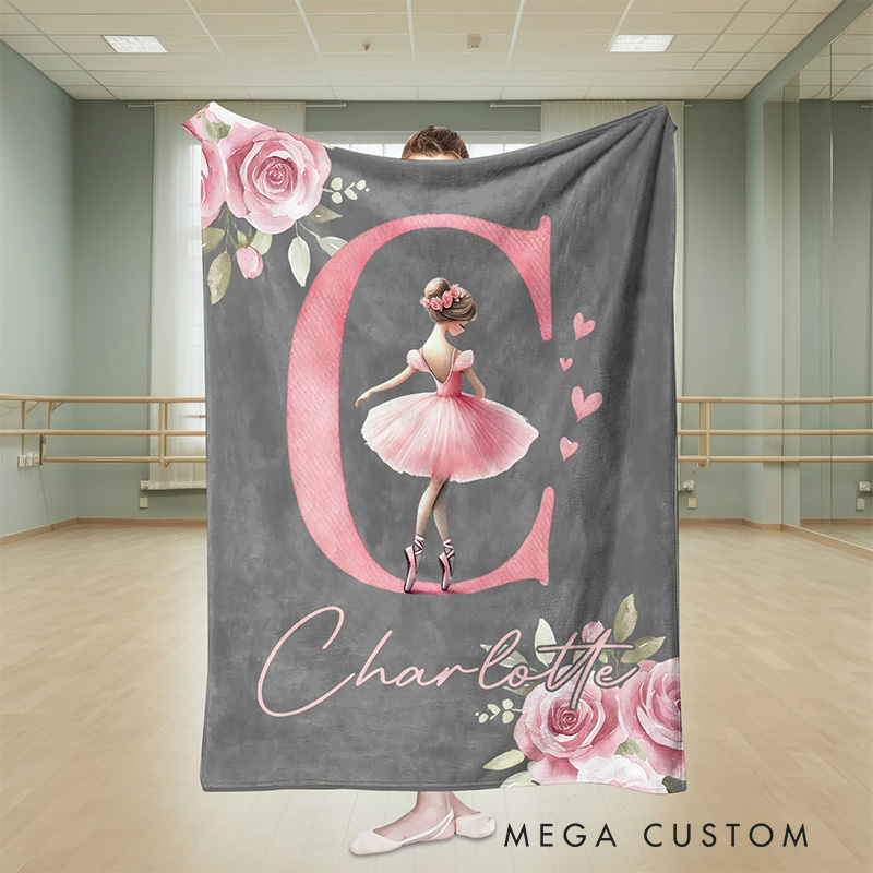 Personalized Rose Cartoon Ballerina Girl Blanket Flannel Blanket Ballet Lover Blanket with Name for Dance Lovers Dance Team Birthday Gift for Girls