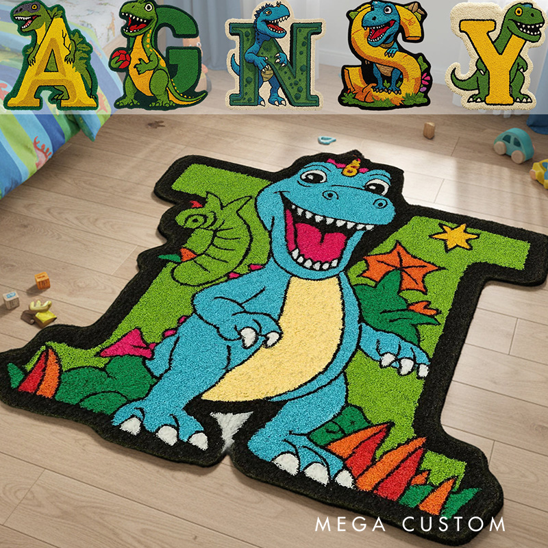 Personalized Dinosaur Theme Custom Name Green Blue T Rex Fun Cartoon Style Carpet Rug for Kids